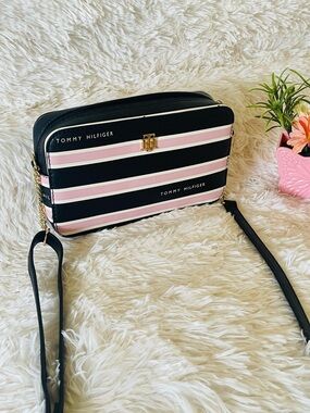 Tommy Hilfiger Black & Pink Striped Crossbody Bag
